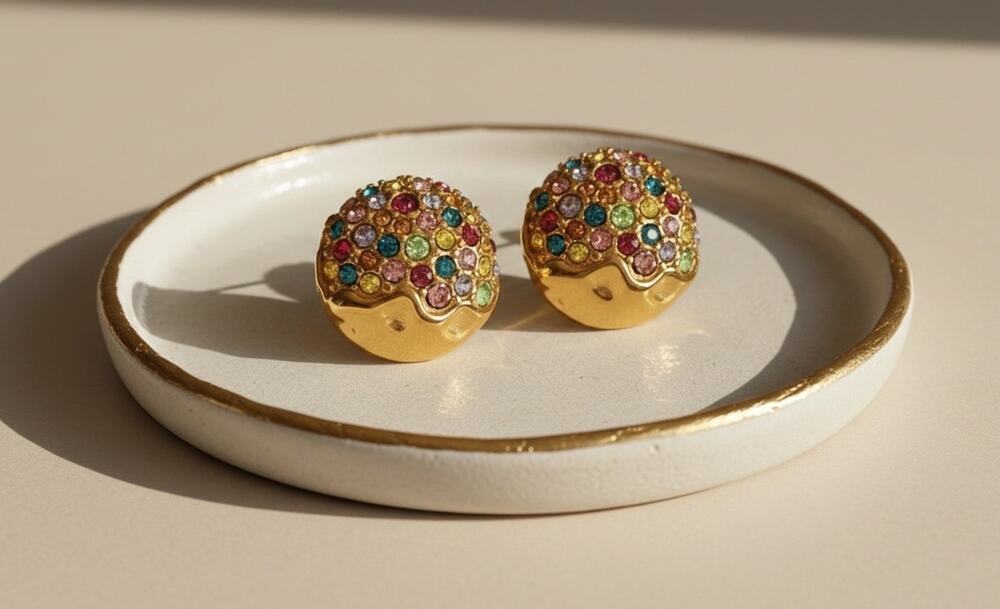 Confetti Gold Crystal Earrings Button Hammered Stud CZ Solanales Boho VTG Dome